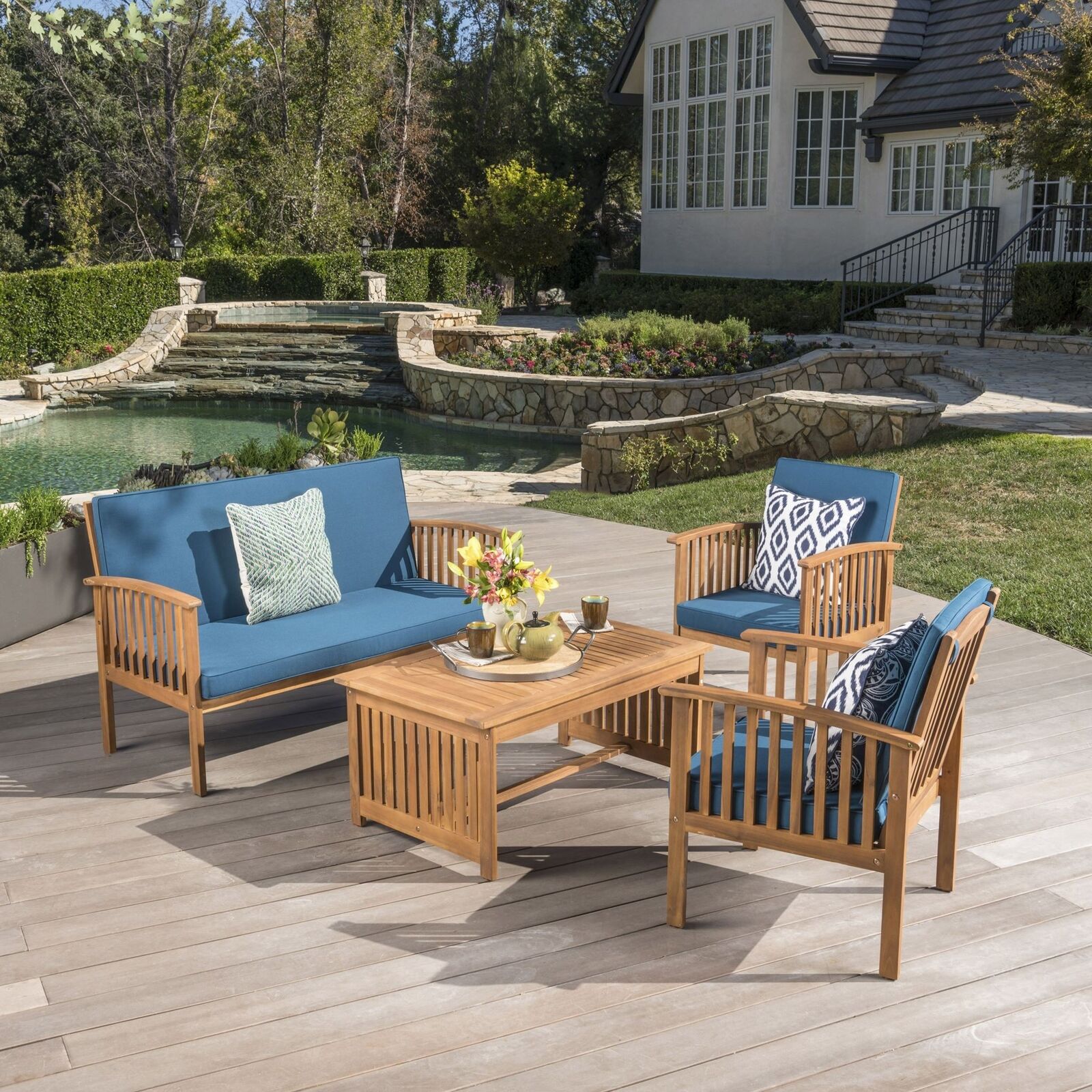 Cape Town Outdoor Acacia Wood Sofa Set with Water Resistant Cushions