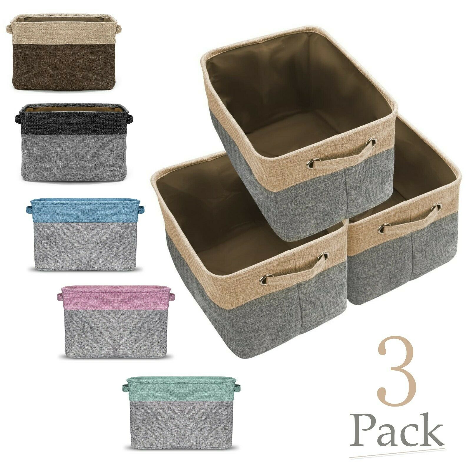 Large Storage Basket Rectangular Fabric Collapsible Organizer Bin Box 3-pack